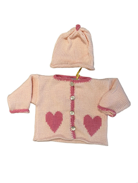 Hand Knit Pink Heart Cardigan & Hat