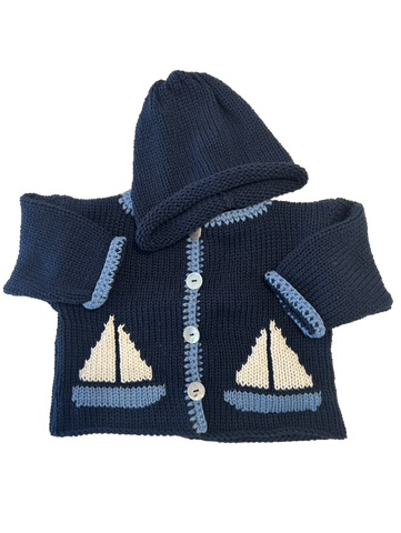 Hand Knit Sailboat Cardigan & Hat