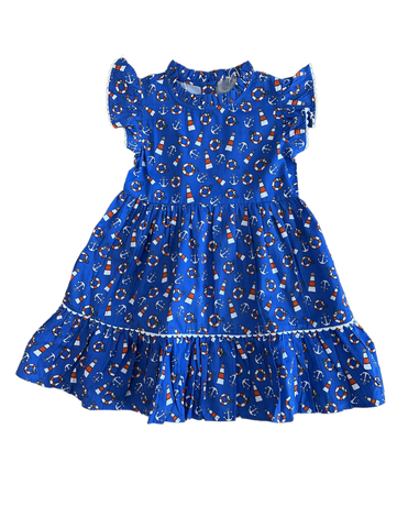 Blue Nautical Ruffle Dress. Sizes 2-10