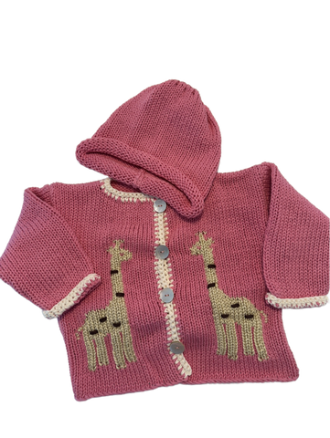 Hand Knit Pink Giraffe Cardigan & Hat