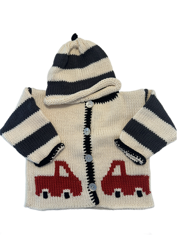 Hand Knit Truck Cardigan & Hat
