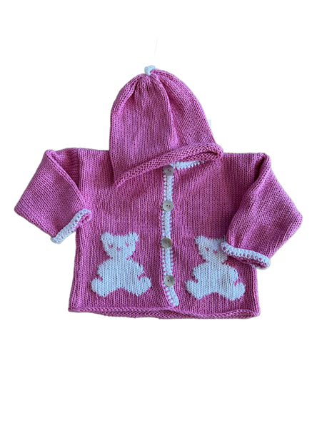 Hand Knit Pink Teddy Bear Cardigan & Hat