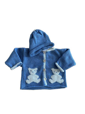 Hand Knit Blue Teddy Bear Cardigan & Hat