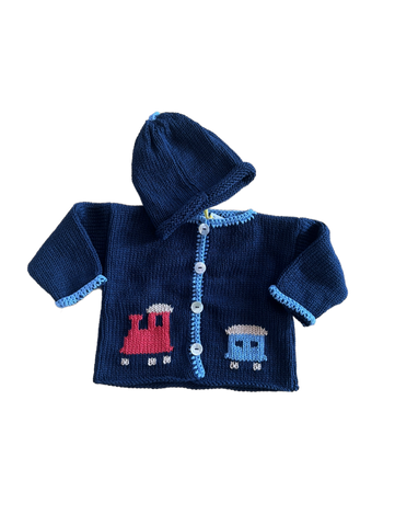 Hand Knit Navy Train Cardigan & Hat set