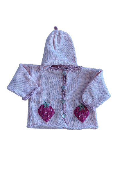 Hand Knit Pink Strawberry Cardigan & Hat