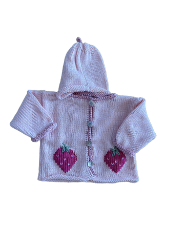 Hand Knit Pink Strawberry Cardigan & Hat