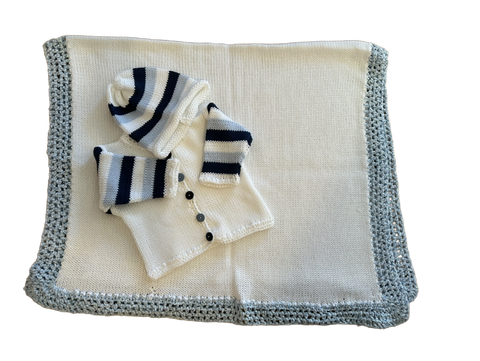 Blue & White Cotton Knit Blanket, Cardigan & Hat