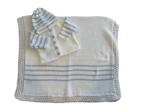 White/Blue Cotton Blanket, Cardigan & Hat