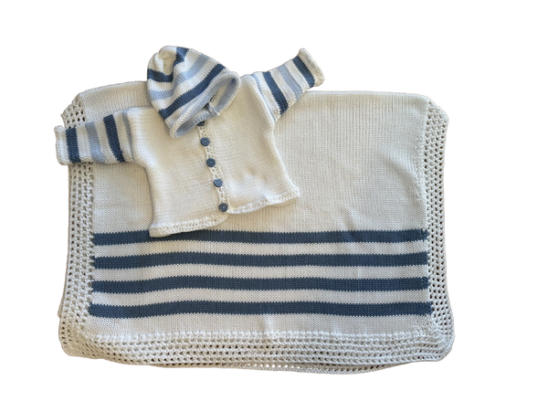Navy/White Cotton Blanket, Cardigan & Hat