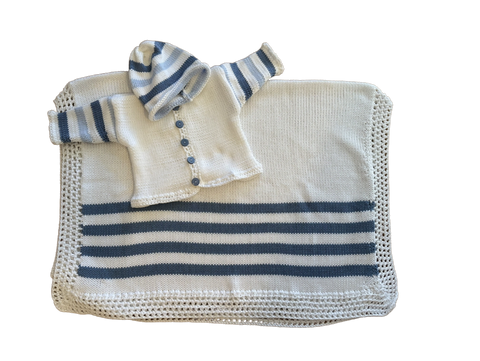 Navy/White Cotton Blanket, Cardigan & Hat