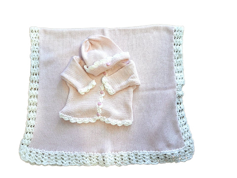 Pink Cotton Blanket, Cardigan & Hat