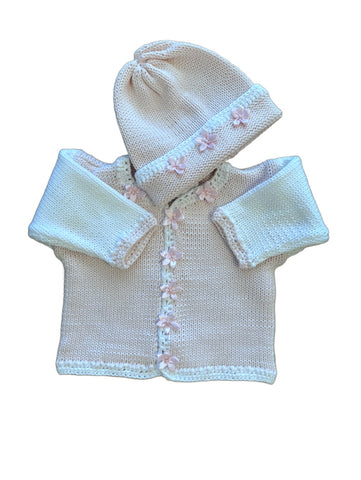 Cotton Pink & White Flowers Cardigan & Hat