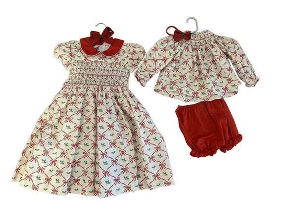 Smocked Holiday Bows Dress and Bloomer Set-  CALL TO PURCHASE