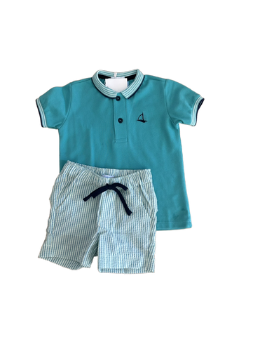 Turquoise Polo & Seersucker Shorts Set