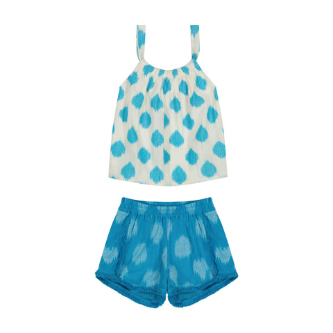 Turquoise Blue ikat Shorts Set