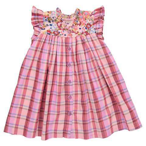 Pink Madras Plaid Buttonfront Dress
