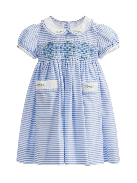 Blue Striped Smocked Pocket Dress