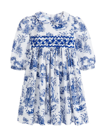 Blue Toile Smocked Dress.    Sizes 6m-6yr