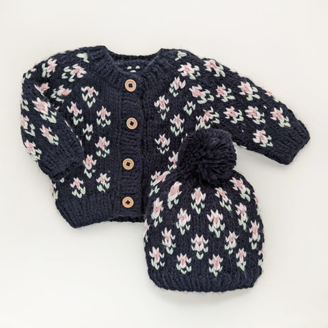 Navy Flowers Cardigan & Hat Set