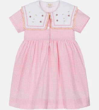 French Pink Check Dress with Embroidered Collar