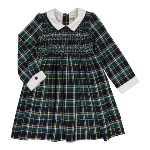 French Smocked Navy & Green Plaid Dress