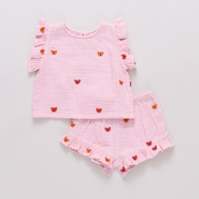 Pink Embroidered Butterfly Shorts Set