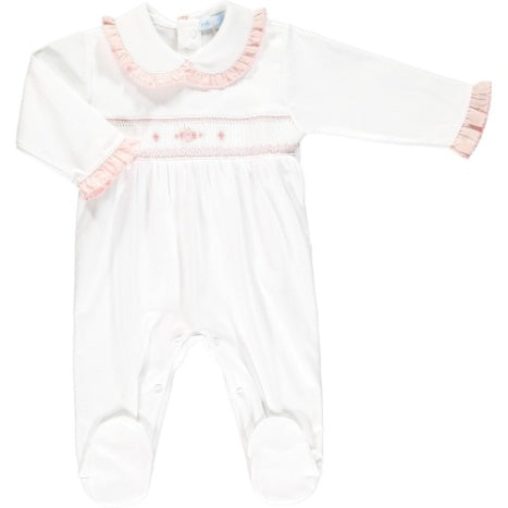 White Smocked Frill Collar Footie - CALL TO PURCHASE