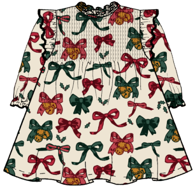 Pink Chicken Christmas Bows and Bells Dress.  Sizes 2-10