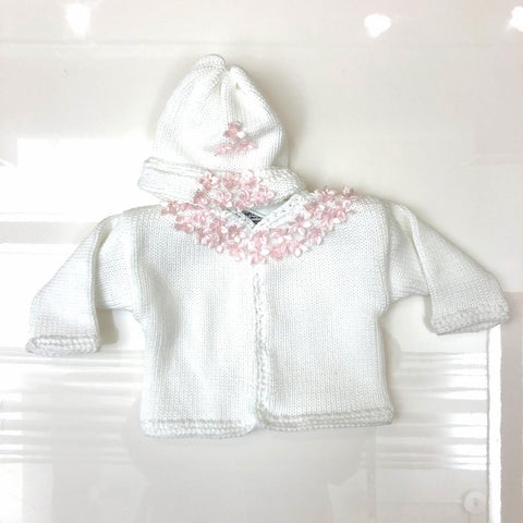Hand Knit White -Pink Flowers Cardigan Set